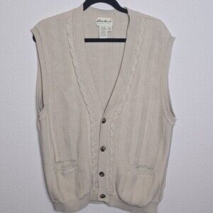 Vintage Eddie Bauer Sweater Vest Men’s Large Beige Cotton Button Front 90s